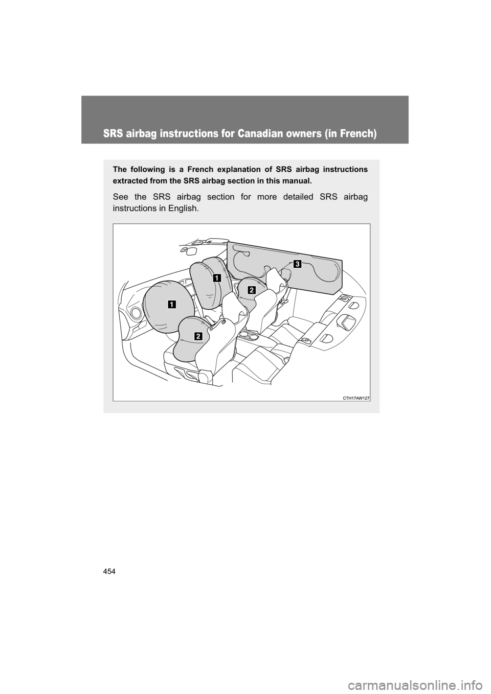 SUBARU BRZ 2015 1.G Owners Manual 454
SRS airbag instructions for Canadian owners (in French)
The following is a French explanation of SRS airbag instructions
extracted from the SRS airbag section in this manual.
See the SRS airbag s SUBARU BRZ 2015 1.G Owners Manual 454
SRS airbag instructions for Canadian owners (in French)
The following is a French explanation of SRS airbag instructions
extracted from the SRS airbag section in this manual.
See the SRS airbag s
