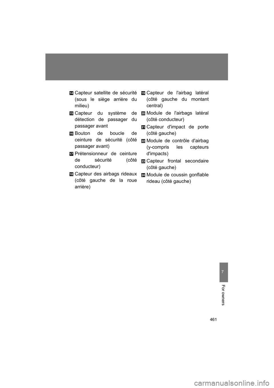 SUBARU BRZ 2015 1.G Owners Manual 461
7
For owners
Capteur satellite de sécurité
(sous le siège arrière du
milieu)
Capteur du système de
détection de passager du
passager avant
Bouton de boucle de
ceinture de sécurité ( SUBARU BRZ 2015 1.G Owners Manual 461
7
For owners
Capteur satellite de sécurité
(sous le siège arrière du
milieu)
Capteur du système de
détection de passager du
passager avant
Bouton de boucle de
ceinture de sécurité (