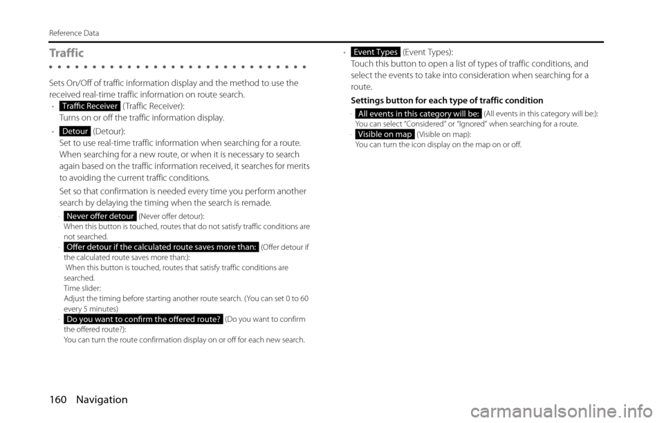 SUBARU BRZ 2016 1.G Navigation Manual 160 Navigation
Reference Data
Tra f f i c
Sets On/Off of traffic information display and the method to use the 
received real-time traffic information on route search.
• ( Traffic Receiver):
Turns o