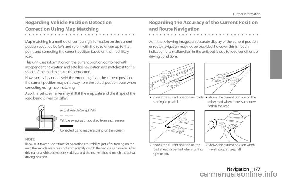 SUBARU BRZ 2016 1.G Navigation Manual Navigation 177
Further Information
Regarding Vehicle Position Detection 
Correction Using Map Matching
Map matching is a method of comparing information on the current 
position acquired by GPS and so
