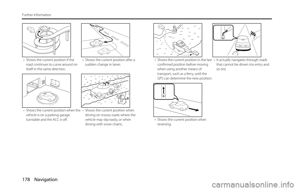 SUBARU BRZ 2016 1.G Navigation Manual 178 Navigation
Further Information
• Shows the current position if the 
road continues to curve around on 
itself in the same direction.• Shows the current position after a 
sudden change in lanes
