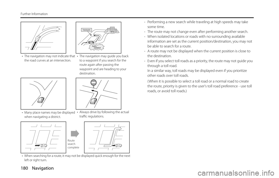 SUBARU BRZ 2016 1.G Navigation Manual 180 Navigation
Further Information
•Performing a new search while traveling at high speeds may take 
some time.
•The route may not change even after performing another search.
•When isolated loc