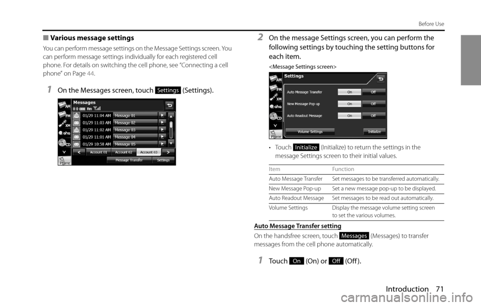 SUBARU BRZ 2016 1.G Navigation Manual Introduction 71
Before Use
■Various message settings
You can perform message settings on the Message Settings screen. You 
can perform message settings individually for each registered cell 
phone. 