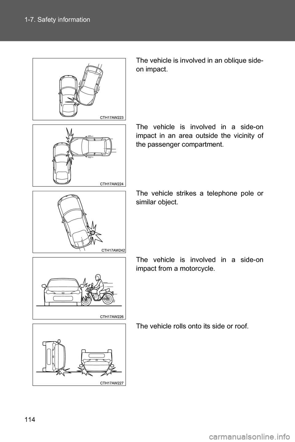 SUBARU BRZ 2016 1.G Owners Manual 114 1-7. Safety information
The vehicle is involved in an oblique side-
on impact.
The vehicle is involved in a side-on
impact in an area outside the vicinity of
the passenger compartment.
The vehicle SUBARU BRZ 2016 1.G Owners Manual 114 1-7. Safety information
The vehicle is involved in an oblique side-
on impact.
The vehicle is involved in a side-on
impact in an area outside the vicinity of
the passenger compartment.
The vehicle