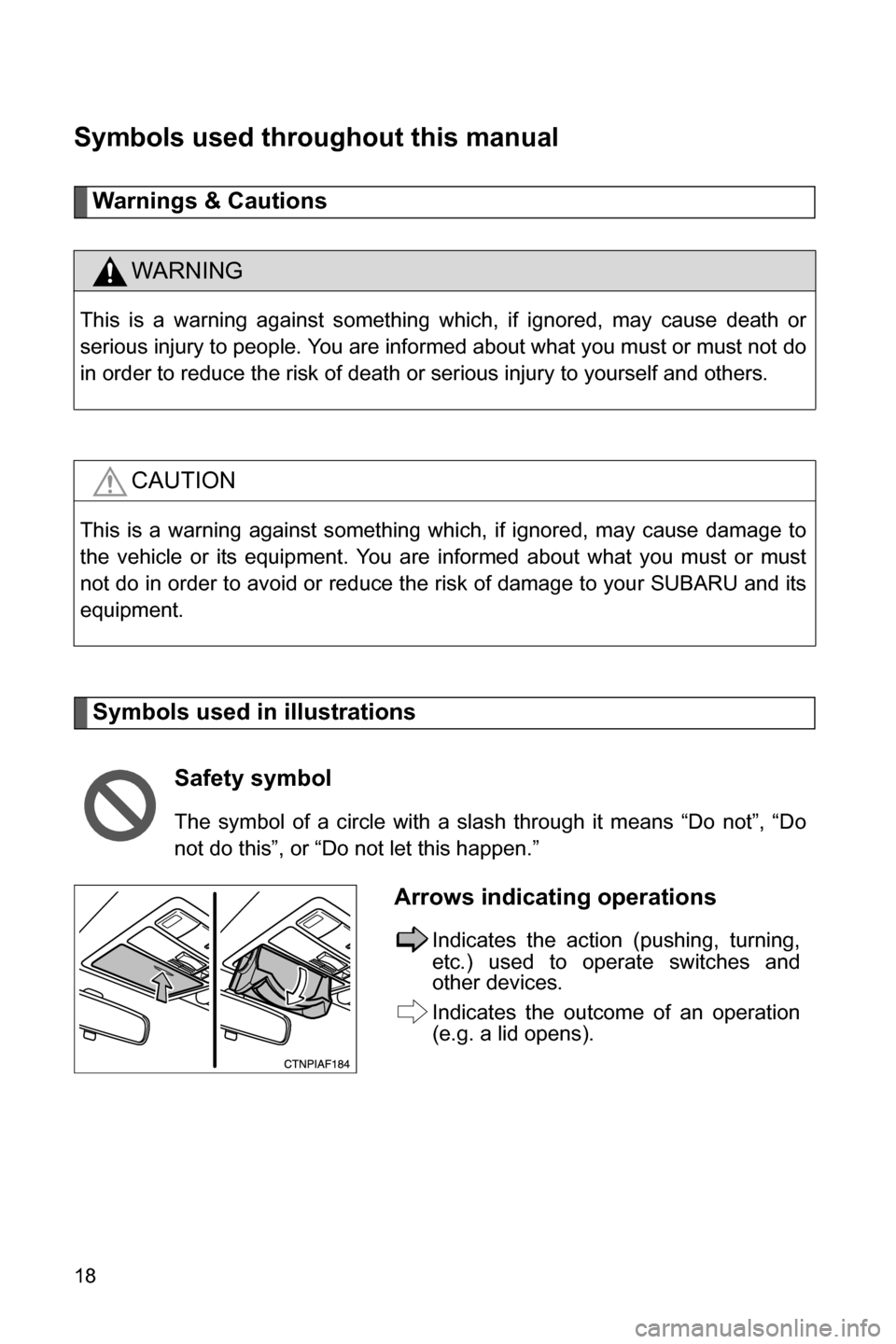 SUBARU BRZ 2016 1.G User Guide 18
Symbols used throughout this manual
Warnings & Cautions
Symbols used in illustrations
WARNING
This is a warning against something which, if ignored, may cause death or
serious injury to people. You