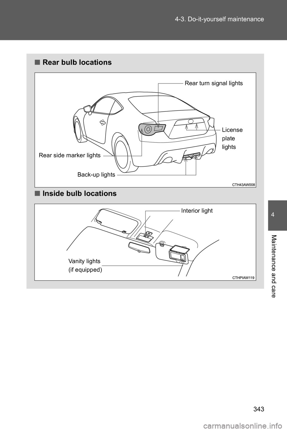 SUBARU BRZ 2016 1.G Owners Manual 343 4-3. Do-it-yourself maintenance
4
Maintenance and care
■Rear bulb locations
■Inside bulb locations
Rear turn signal lights
Rear side marker lights
Back-up lightsLicense
plate
lights
Interior l