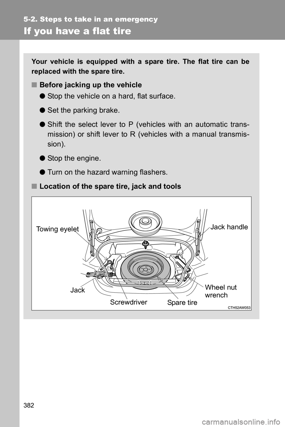 SUBARU BRZ 2016 1.G User Guide 382
5-2. Steps to take in an emergency
If you have a flat tire
Your vehicle is equipped with a spare tire. The flat tire can be
replaced with the spare tire.
■Before jacking up the vehicle
●Stop t