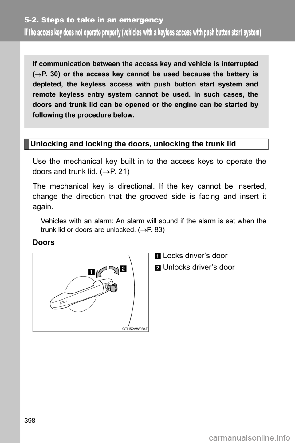 SUBARU BRZ 2016 1.G Owners Manual 398
5-2. Steps to take in an emergency
If the access key does not operate properly (vehicles with a keyless access with push button star t system)
Unlocking and locking the doors, unlocking the trunk 