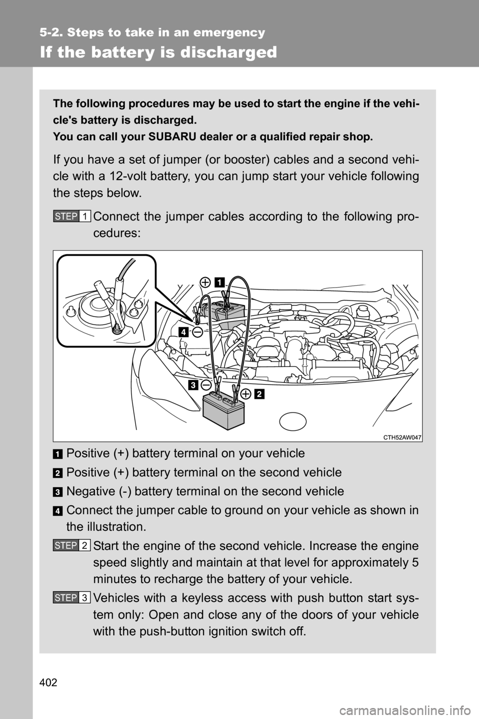 SUBARU BRZ 2016 1.G Owners Manual 402
5-2. Steps to take in an emergency
If the batter y is discharged
The following procedures may be used to start the engine if the vehi-
cles battery is discharged.
You can call your SUBARU dealer SUBARU BRZ 2016 1.G Owners Manual 402
5-2. Steps to take in an emergency
If the batter y is discharged
The following procedures may be used to start the engine if the vehi-
cles battery is discharged.
You can call your SUBARU dealer