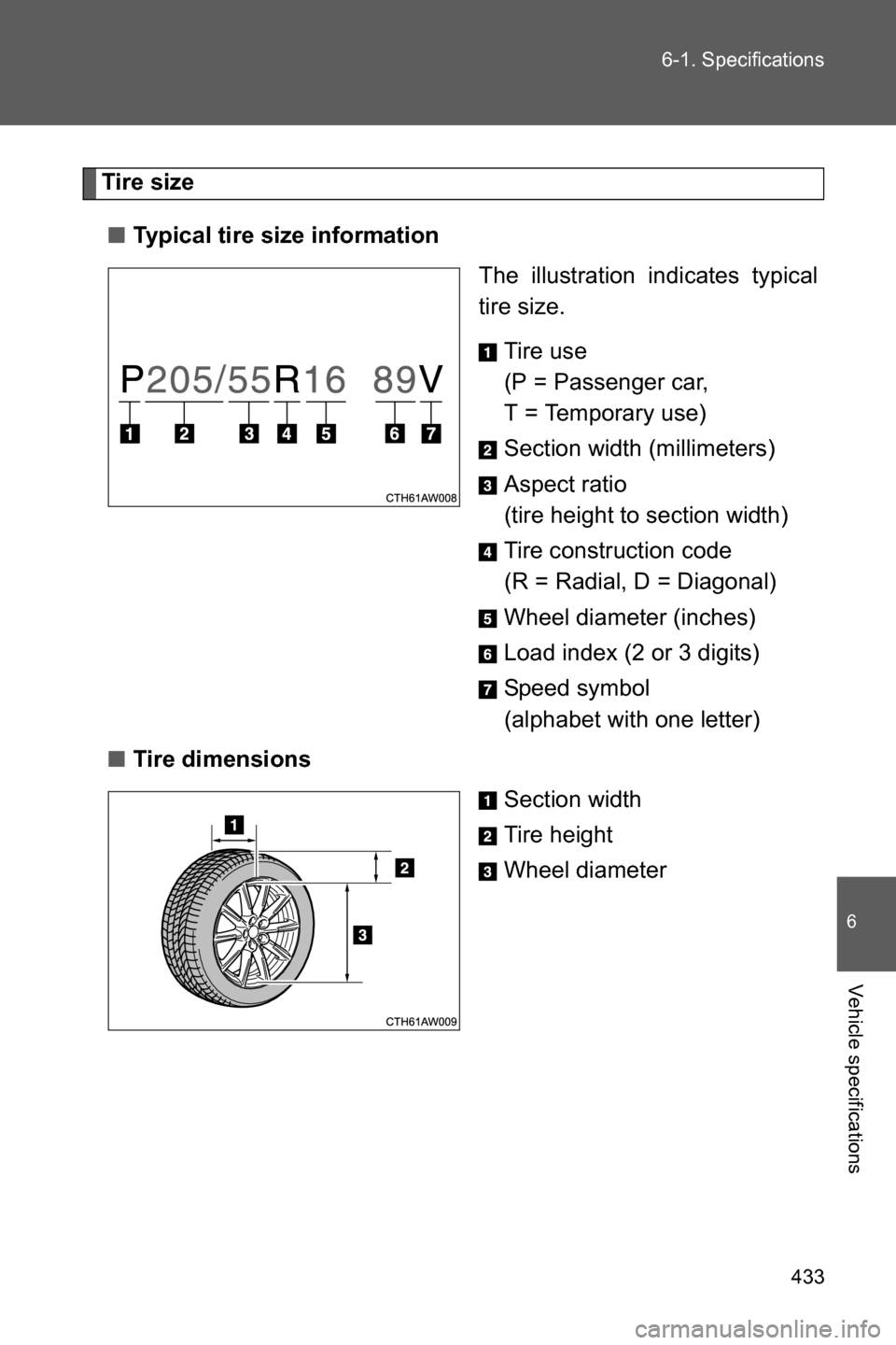 SUBARU BRZ 2016 1.G Owners Manual 433 6-1. Specifications
6
Vehicle specifications
Tire size
■Typical tire size information
The illustration indicates typical
tire size.
Tire use
(P = Passenger car, 
T = Temporary use)
Section width