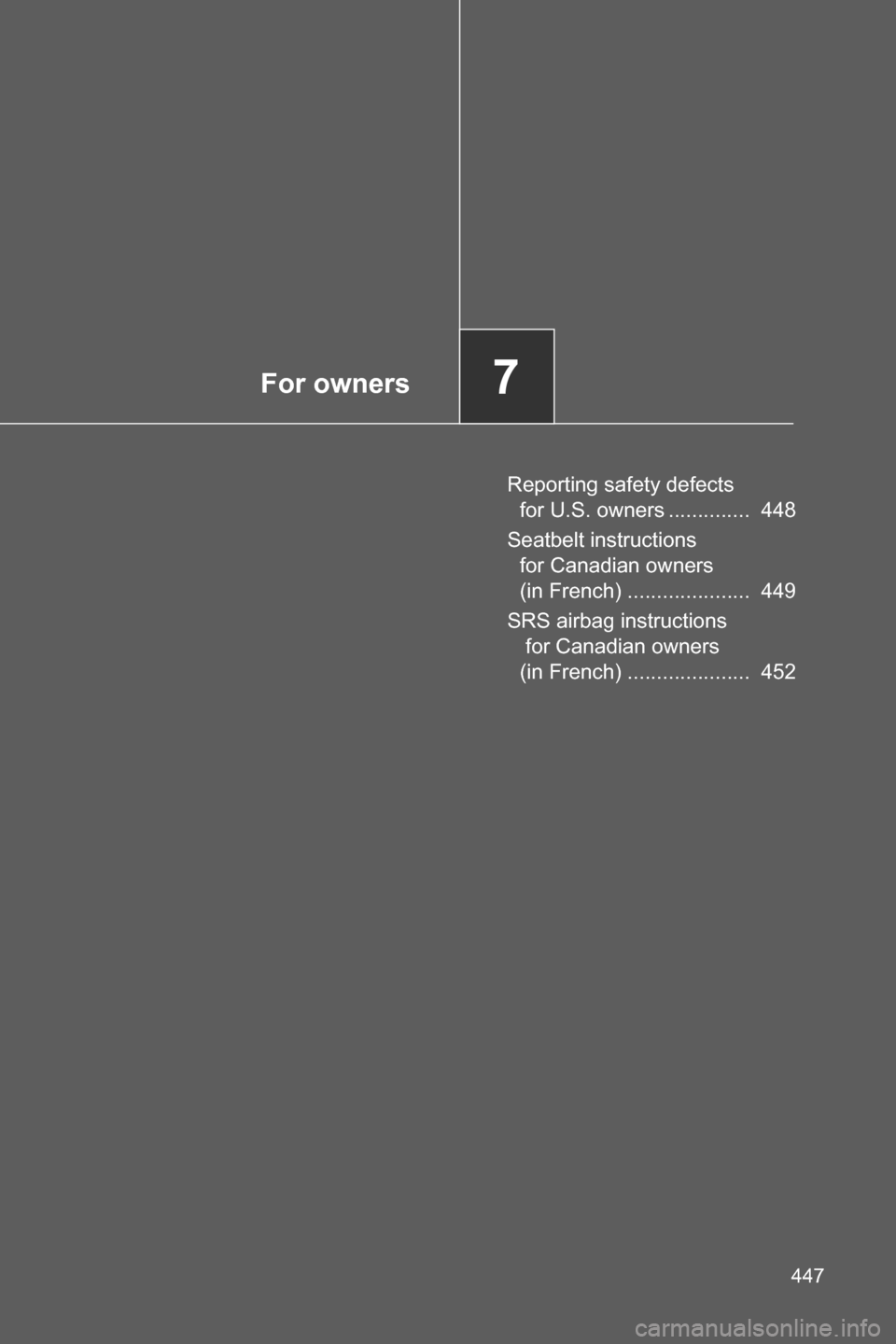 SUBARU BRZ 2016 1.G Owners Manual For owners7
447
Reporting safety defects 
for U.S. owners ..............  448
Seatbelt instructions 
for Canadian owners 
(in French) .....................  449
SRS airbag instructions
 for Canadian o