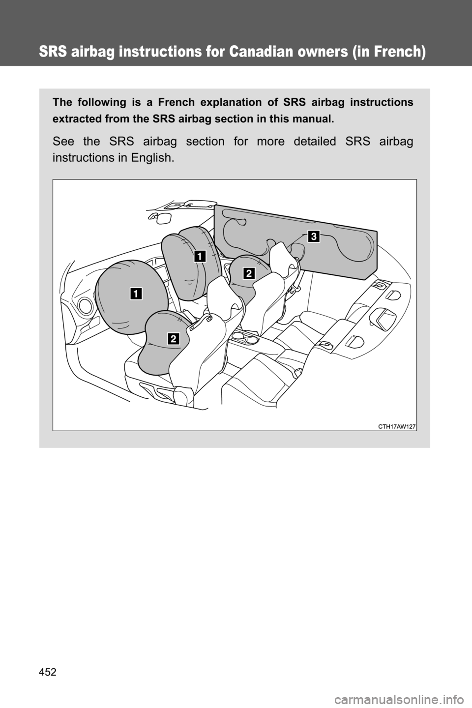 SUBARU BRZ 2016 1.G Owners Manual 452
SRS airbag instructions for Canadian owners (in French)
The following is a French explanation of SRS airbag instructions
extracted from the SRS airbag section in this manual.
See the SRS airbag se SUBARU BRZ 2016 1.G Owners Manual 452
SRS airbag instructions for Canadian owners (in French)
The following is a French explanation of SRS airbag instructions
extracted from the SRS airbag section in this manual.
See the SRS airbag se