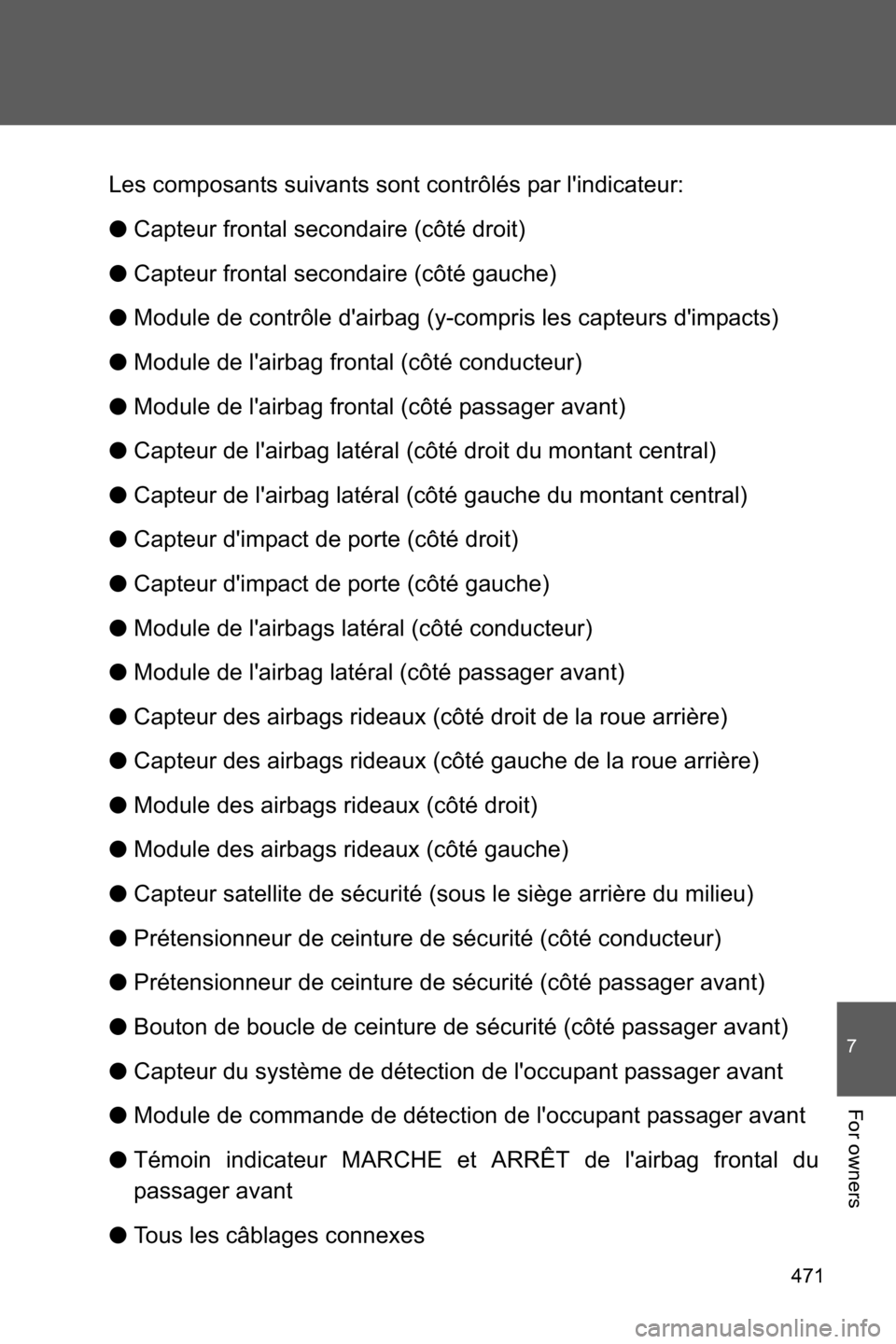 SUBARU BRZ 2016 1.G Owners Manual 471
7
For owners
Les composants suivants sont contrôlés par lindicateur:
●Capteur frontal secondaire (côté droit)
●Capteur frontal secondaire (côté gauche)
●Module de contrôle dairbag (