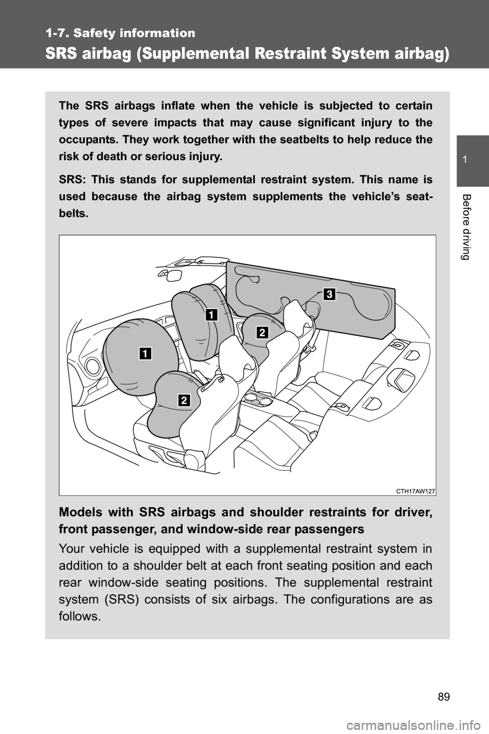 SUBARU BRZ 2016 1.G Manual Online 89
1
1-7. Safety information
Before driving
SRS airbag (Supplemental Restraint System airbag)
The SRS airbags inflate when the vehicle is subjected to certain
types of severe impacts that may cause si