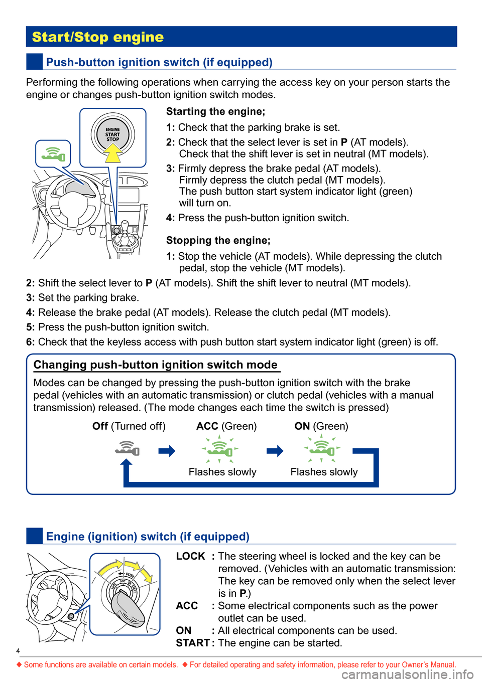 SUBARU BRZ 2016 1.G Quick Reference Guide 4
 Start/Stop engine
 Push-button ignition switch (if equipped)
 Engine (ignition) switch (if equipped)
Performing the following operations when carrying the access key on your person starts the 
engi