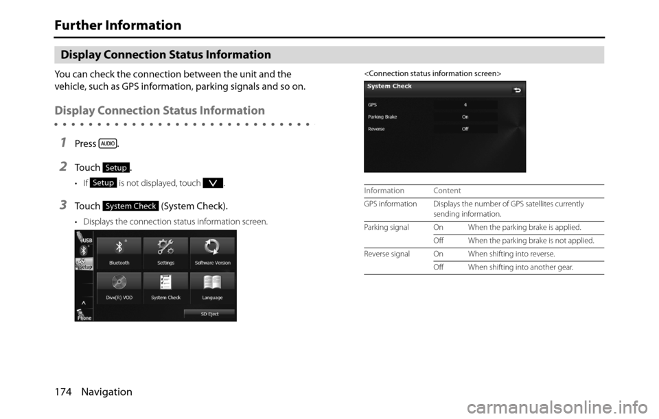 SUBARU BRZ 2017 1.G Navigation Manual 174 Navigation
Further Information
Display Connection Status Information
You can check the connection between the unit and the 
vehicle, such as GPS information, parking signals and so on.
Display Con