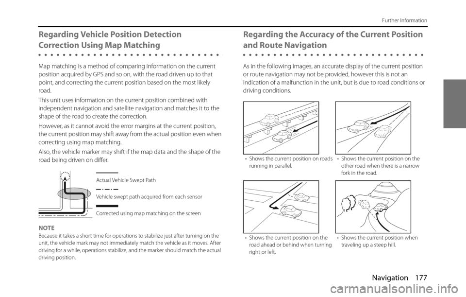 SUBARU BRZ 2017 1.G Navigation Manual Navigation 177
Further Information
Regarding Vehicle Position Detection 
Correction Using Map Matching
Map matching is a method of comparing information on the current 
position acquired by GPS and so