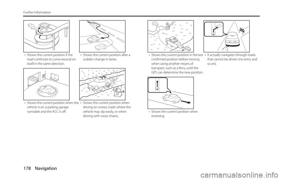 SUBARU BRZ 2017 1.G Navigation Manual 178 Navigation
Further Information
• Shows the current position if the 
road continues to curve around on 
itself in the same direction.• Shows the current position after a 
sudden change in lanes