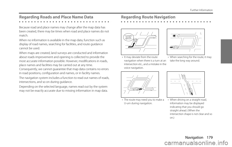 SUBARU BRZ 2017 1.G Navigation Manual Navigation 179
Further Information
Regarding Roads and Place Name Data
Because road and place names may change after the map data has
been created, there may be times when road and place names do not SUBARU BRZ 2017 1.G Navigation Manual Navigation 179
Further Information
Regarding Roads and Place Name Data
Because road and place names may change after the map data has
been created, there may be times when road and place names do not