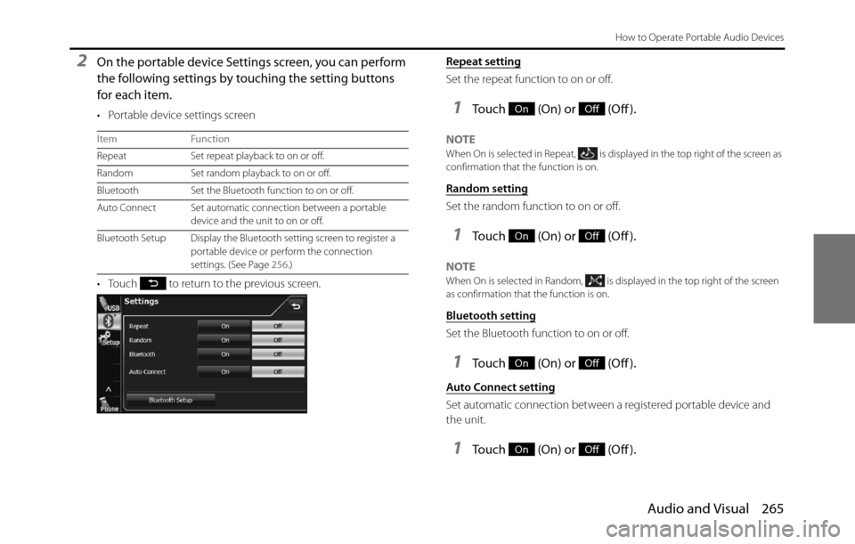 SUBARU BRZ 2017 1.G Navigation Manual Audio and Visual 265
How to Operate Portable Audio Devices
2On the portable device Settings screen, you can perform
the following settings by touching the setting buttons
for each item.
• Portable SUBARU BRZ 2017 1.G Navigation Manual Audio and Visual 265
How to Operate Portable Audio Devices
2On the portable device Settings screen, you can perform
the following settings by touching the setting buttons
for each item.
• Portable