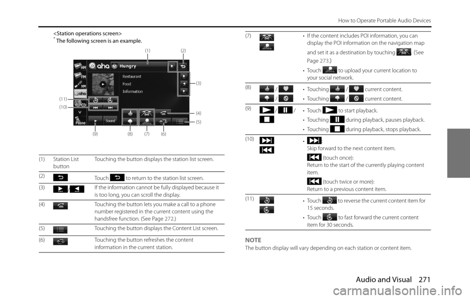 SUBARU BRZ 2017 1.G Navigation Manual Audio and Visual 271
How to Operate Portable Audio Devices
<Station operations screen>* The following screen is an example.
NOTEThe button display will vary depending on each station or content item. SUBARU BRZ 2017 1.G Navigation Manual Audio and Visual 271
How to Operate Portable Audio Devices
<Station operations screen>* The following screen is an example.
NOTEThe button display will vary depending on each station or content item.