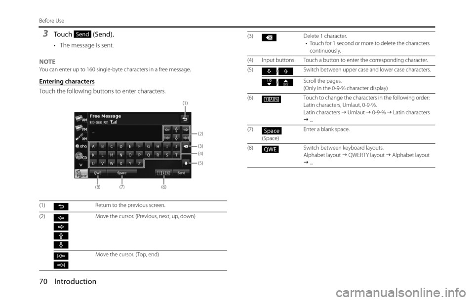 SUBARU BRZ 2017 1.G Navigation Manual 70 Introduction
Before Use
3Touch (Send).
• The message is sent.
NOTE
You can enter up to 160 single-byte characters in a free message.
Entering characters
Touch the following buttons to enter char SUBARU BRZ 2017 1.G Navigation Manual 70 Introduction
Before Use
3Touch (Send).
• The message is sent.
NOTE
You can enter up to 160 single-byte characters in a free message.
Entering characters
Touch the following buttons to enter char