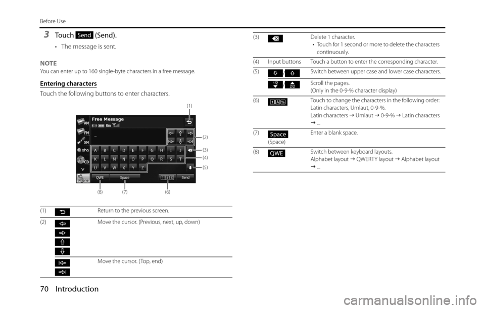 SUBARU BRZ 2017 1.G Navigation Manual 70 Introduction
Before Use
3Touch  (Send).
• The message is sent.
NOTE
You can enter up to 160 single-byte characters in a free message.
Entering characters
Touch the following buttons to enter char