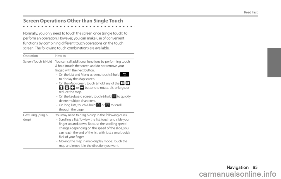 SUBARU BRZ 2017 1.G Navigation Manual Navigation 85
Read First
Screen Operations Other than Single Touch
Normally, you only need to touch the screen once (single touch) to
perform an operation. However, you can make use of convenient
f SUBARU BRZ 2017 1.G Navigation Manual Navigation 85
Read First
Screen Operations Other than Single Touch
Normally, you only need to touch the screen once (single touch) to
perform an operation. However, you can make use of convenient
f