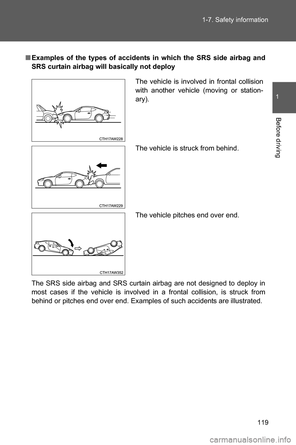 SUBARU BRZ 2017 1.G Owners Manual 119 1-7. Safety information
1
Before driving
■Examples of the types of accidents in which the SRS side airbag and
SRS curtain airbag will basically not deploy
The SRS side airbag and SRS curtain air SUBARU BRZ 2017 1.G Owners Manual 119 1-7. Safety information
1
Before driving
■Examples of the types of accidents in which the SRS side airbag and
SRS curtain airbag will basically not deploy
The SRS side airbag and SRS curtain air