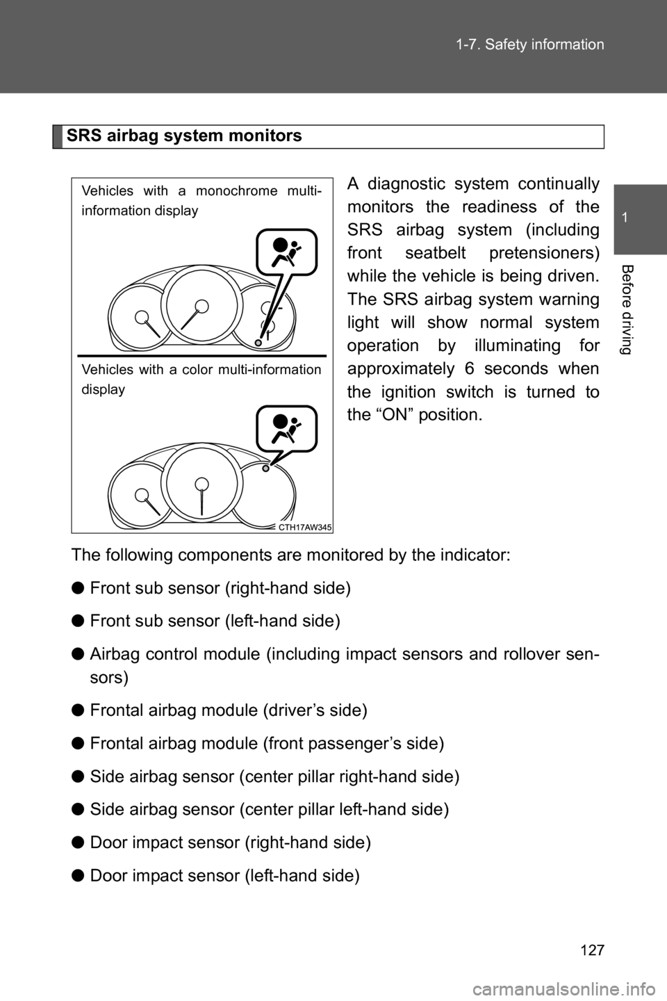 SUBARU BRZ 2017 1.G Owners Manual 127 1-7. Safety information
1
Before driving
SRS airbag system monitors
A diagnostic system continually
monitors the readiness of the
SRS airbag system (including
front seatbelt pretensioners)
while t SUBARU BRZ 2017 1.G Owners Manual 127 1-7. Safety information
1
Before driving
SRS airbag system monitors
A diagnostic system continually
monitors the readiness of the
SRS airbag system (including
front seatbelt pretensioners)
while t