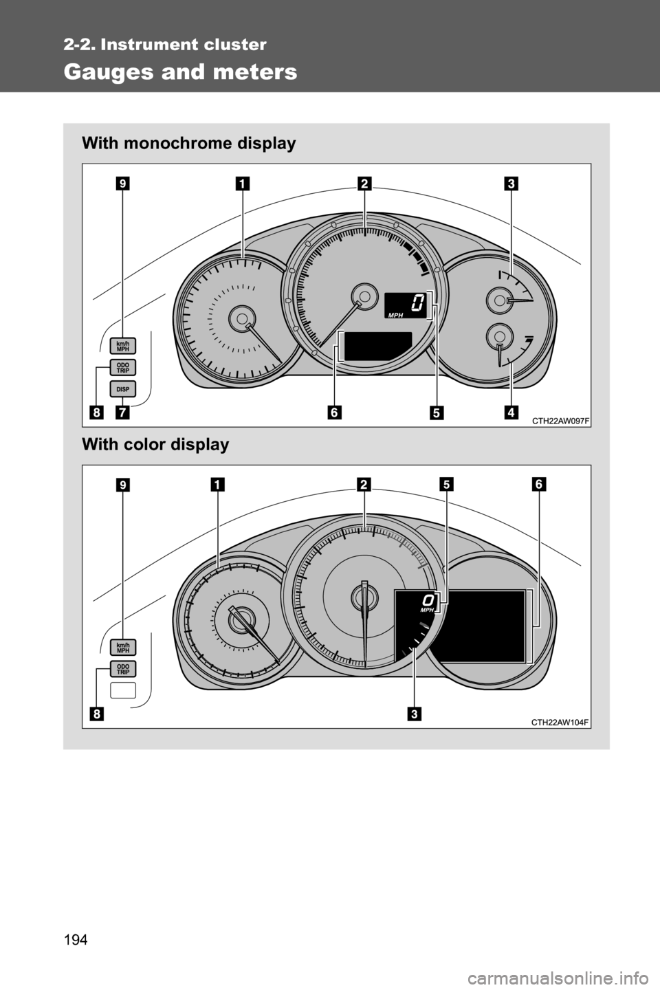 SUBARU BRZ 2017 1.G Owners Manual 194
2-2. Instrument cluster
Gauges and meters
With monochrome display
With color display 