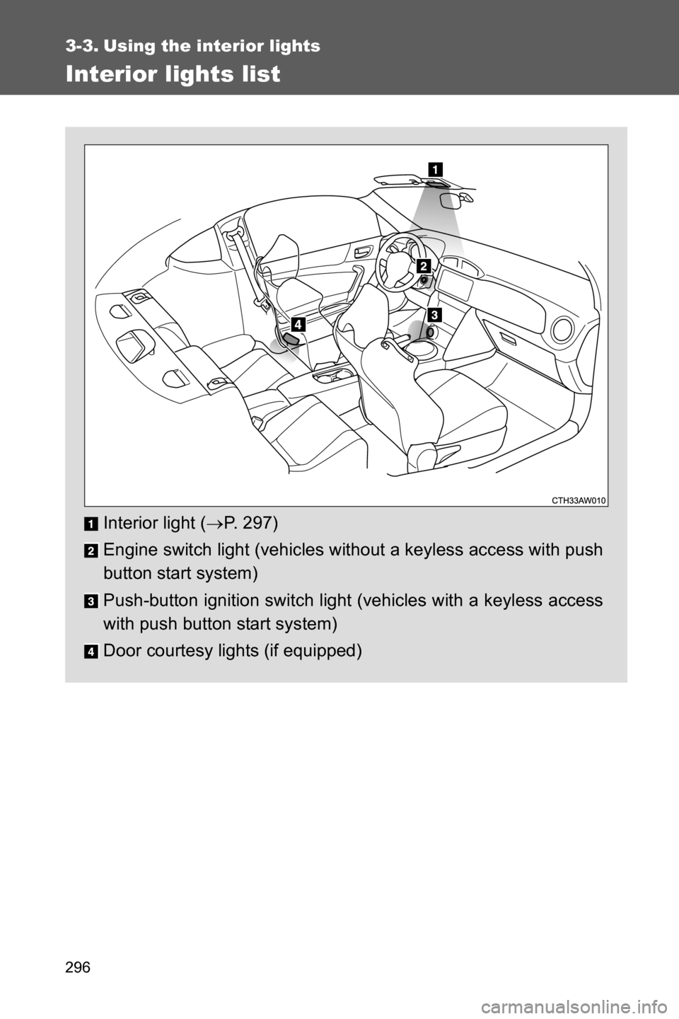 SUBARU BRZ 2017 1.G Owners Manual 296
3-3. Using the interior lights
Interior lights list
Interior light (�oP. 297)
Engine switch light (vehicles without a keyless access with push
button start system)
Push-button ignition switch ligh