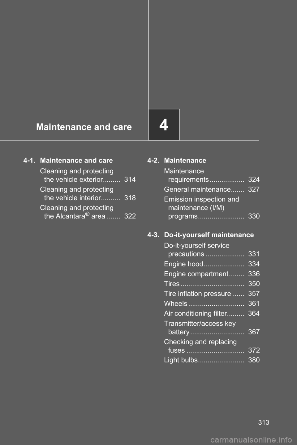 SUBARU BRZ 2017 1.G Owners Guide Maintenance and care4
313
4-1. Maintenance and care
Cleaning and protecting 
the vehicle exterior.........  314
Cleaning and protecting 
the vehicle interior..........  318
Cleaning and protecting 
th