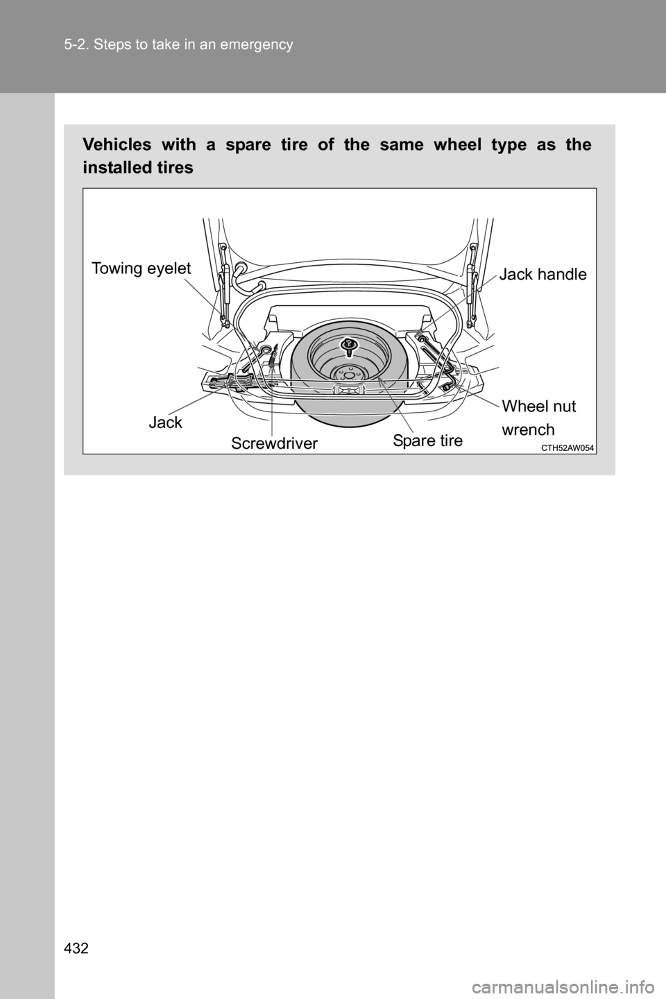 SUBARU BRZ 2017 1.G User Guide 432 5-2. Steps to take in an emergency
Vehicles with a spare tire of the same wheel type as the
installed tires
Jack handle
Spa r e  t i re Towing eyelet
Screwdriver JackWheel nut 
wrench 