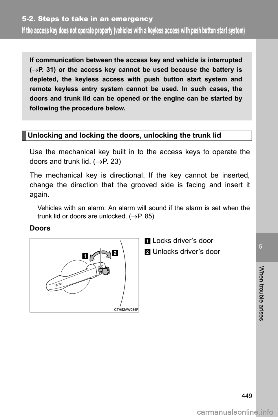 SUBARU BRZ 2017 1.G Owners Manual 5
When trouble arises
449
5-2. Steps to take in an emergency
If the access key does not operate properly (vehicles with a keyless access with push button star t system)
Unlocking and locking the doors SUBARU BRZ 2017 1.G Owners Manual 5
When trouble arises
449
5-2. Steps to take in an emergency
If the access key does not operate properly (vehicles with a keyless access with push button star t system)
Unlocking and locking the doors