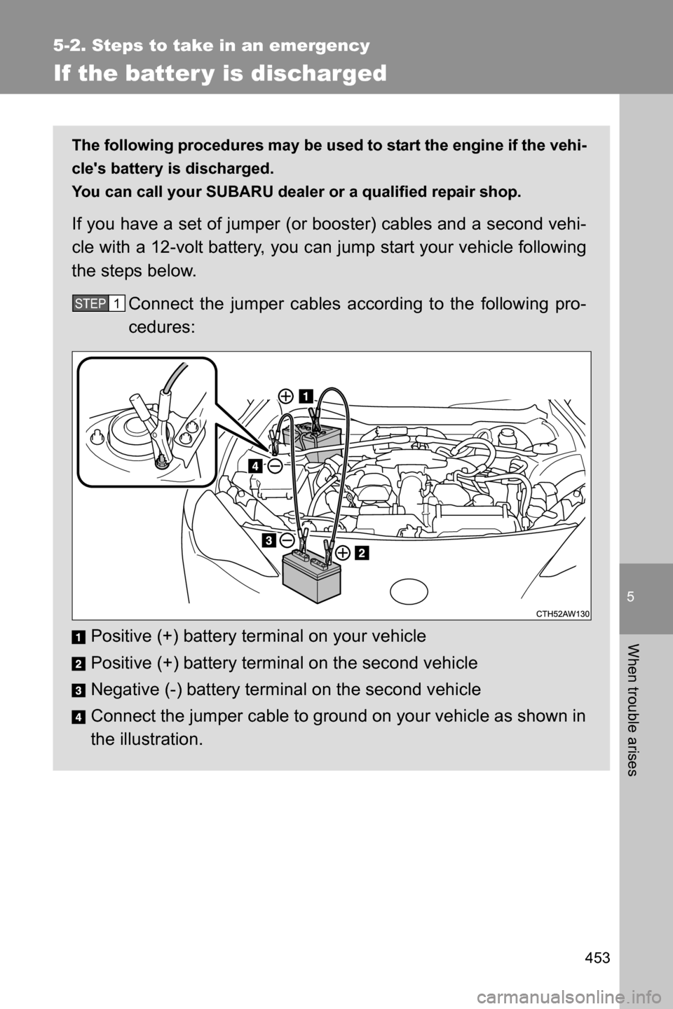 SUBARU BRZ 2017 1.G Owners Manual 5
When trouble arises
453
5-2. Steps to take in an emergency
If the batter y is discharged
The following procedures may be used to start the engine if the vehi-
cles battery is discharged. 
You can c