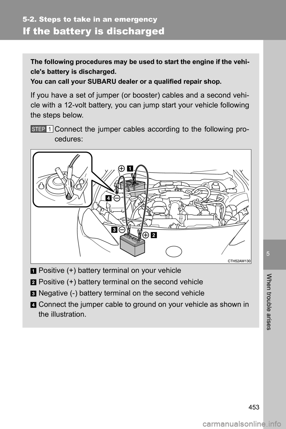 SUBARU BRZ 2017 1.G Owners Manual 5
When trouble arises
453
5-2. Steps to take in an emergency
If the batter y is discharged
The following procedures may be used to start the engine if the vehi-
cles battery is discharged.
You can c SUBARU BRZ 2017 1.G Owners Manual 5
When trouble arises
453
5-2. Steps to take in an emergency
If the batter y is discharged
The following procedures may be used to start the engine if the vehi-
cles battery is discharged.
You can c
