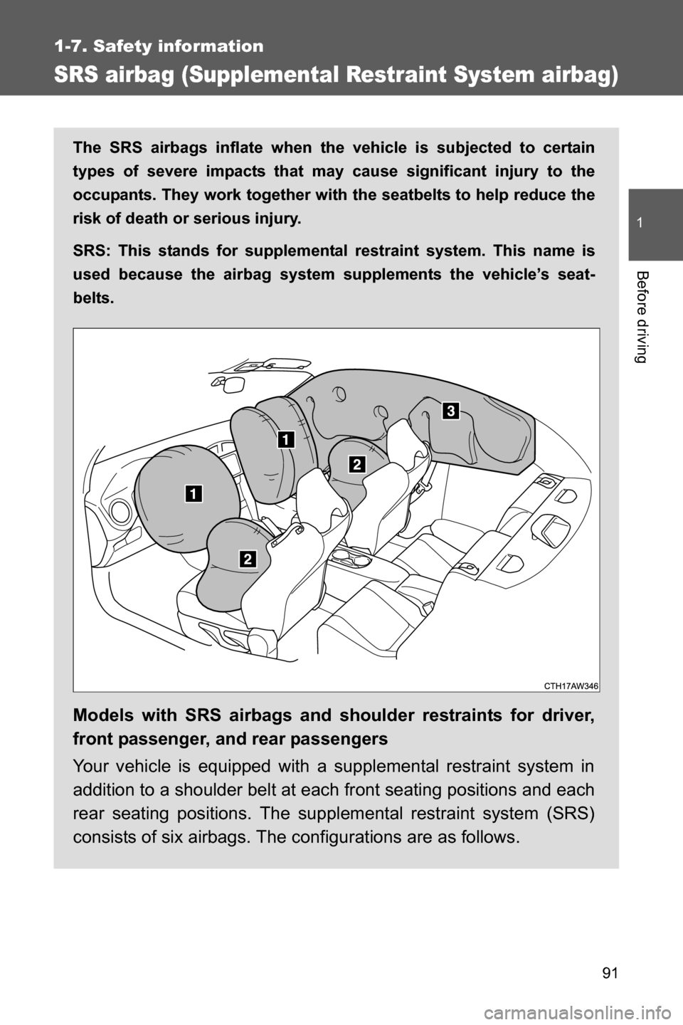 SUBARU BRZ 2017 1.G Owners Manual 91
1
1-7. Safety information
Before driving
SRS airbag (Supplemental Restraint System airbag)
The SRS airbags inflate when the vehicle is subjected to certain
types of severe impacts that may cause si
