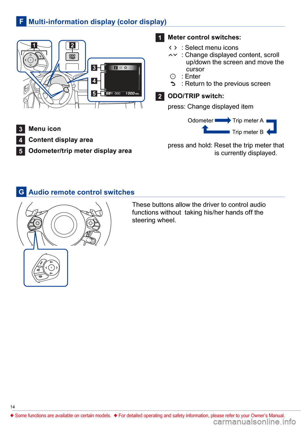 SUBARU BRZ 2017 1.G Quick Reference Guide 14
Multi-information display (color display)F
Audio remote control switchesG
1
Meter control switches:
: Select menu icons : Change displayed content, scroll
up/down the screen and move the
curs SUBARU BRZ 2017 1.G Quick Reference Guide 14
Multi-information display (color display)F
Audio remote control switchesG
1
Meter control switches:
: Select menu icons : Change displayed content, scroll
up/down the screen and move the
curs