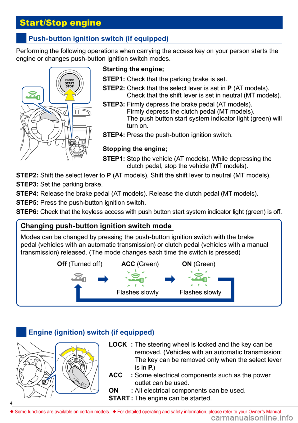 SUBARU BRZ 2017 1.G Quick Reference Guide 4
 start/stop engine
 Push-button ignition switch (if equipped)
 Engine (ignition) switch (if equipped)
Performing the following operations when carrying the access key on your person starts the 
engi