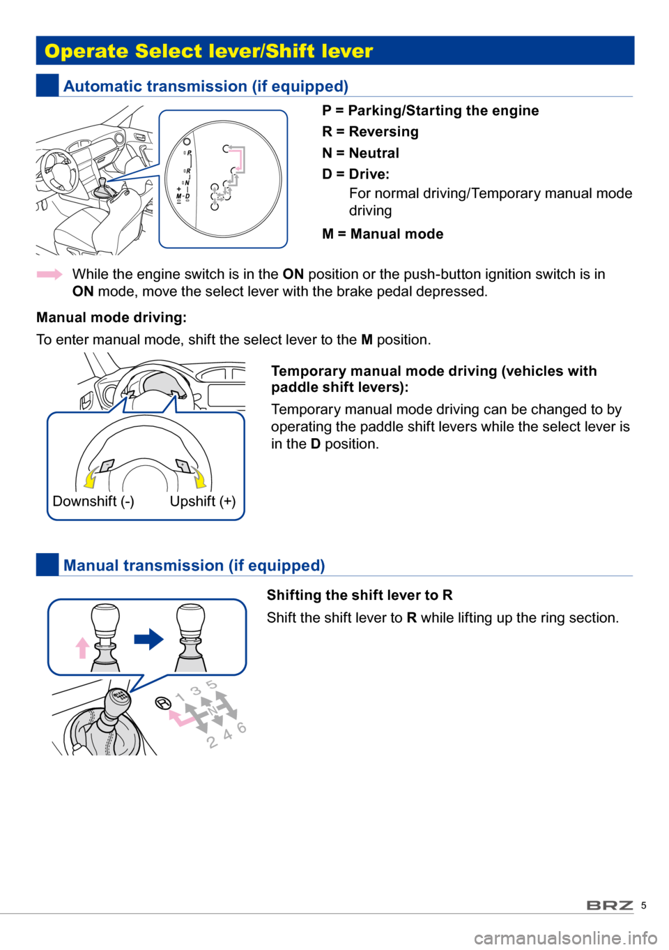 SUBARU BRZ 2017 1.G Quick Reference Guide 5
operate s elect lever/ shift lever
Automatic transmission (if equipped)
Manual transmission (if equipped)
P = Parking/Starting the engine
R = Reversing
N = Neutral
D = Drive:
For normal driving/ SUBARU BRZ 2017 1.G Quick Reference Guide 5
operate s elect lever/ shift lever
Automatic transmission (if equipped)
Manual transmission (if equipped)
P = Parking/Starting the engine
R = Reversing
N = Neutral
D = Drive:
For normal driving/