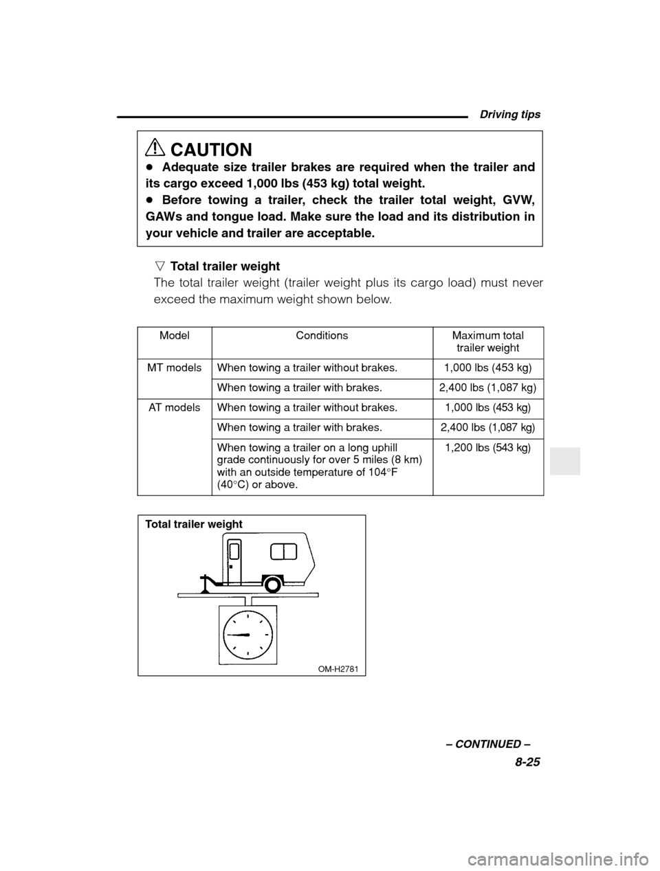 SUBARU BAJA 2003 1.G User Guide  Driving tips8-25
–
 CONTINUED  –
CAUTION
� Adequate size trailer brakes are required when the trailer and
its cargo exceed 1,000 lbs (453 kg) total weight. � Before towing a trailer, check the tr