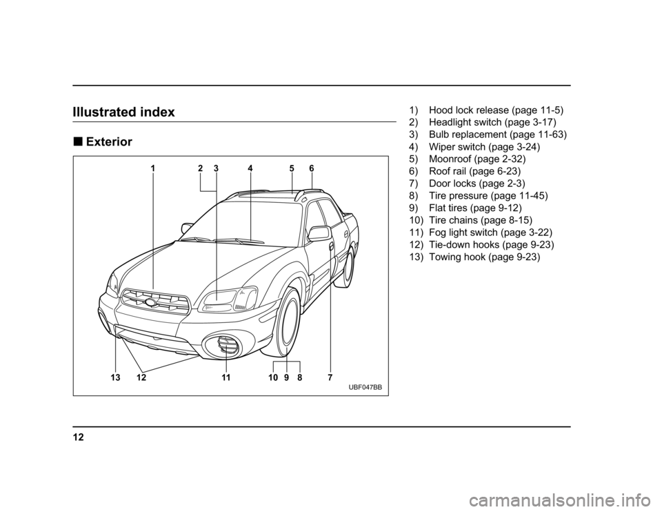 SUBARU BAJA 2004 1.G User Guide ��
����������������� ���������
13 12 11 10 9 8 12
3 5 6
4
7
UBF047BB
�� ����������������������������� 
�� ���������������������������� 
�� �����������������������������
�� ������������������������ 
��