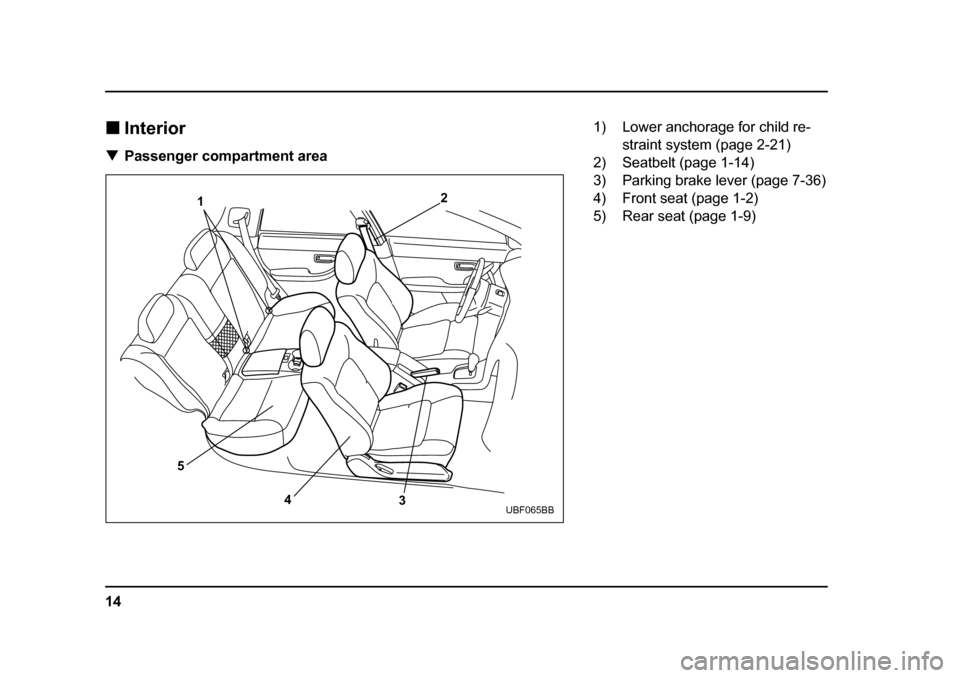 SUBARU BAJA 2005 1.G Owners Manual 14
�„
Interior
�T Passenger compartment area
1 2
5 4 3
UBF065BB
1) Lower anchorage for child re-
straint system (page 2-21)
2) Seatbelt (page 1-14) 
3) Parking brake lever (page 7-36) 
4) Front seat