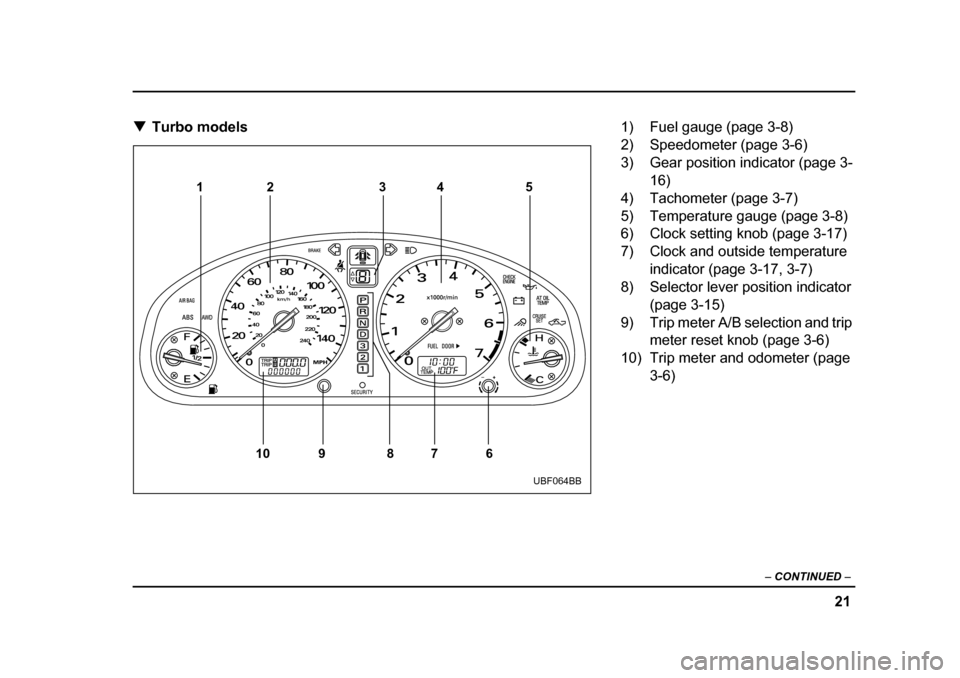 SUBARU BAJA 2005 1.G Owners Manual 21
–
 CONTINUED  –
�TTurbo models
12 4 35
6
7
8
9
10
UBF064BB
1) Fuel gauge (page 3-8) 
2) Speedometer (page 3-6) 
3) Gear position indicator (page 3-
16)
4) Tachometer (page 3-7)
5) Temperature g