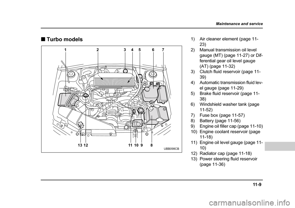 SUBARU BAJA 2005 1.G Owners Guide 11 - 9
Maintenance and service
– CONTINUED  –
�„Turbo models
1
11 1 0 9 8
12
13 23
45 67
UBB098CB
1) Air cleaner element (page 11-
23)
2) Manual transmission oil level  gauge (MT) (page 11-27) o