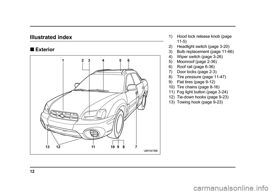SUBARU BAJA 2006 1.G User Guide 12
Illustrated index �„Exterior
13 12 11 10 9 8 12
3 5 6
4
7UBF047BB
1) Hood lock release knob (page 11-5)
2) Headlight switch (page 3-20) 
3) Bulb replacement (page 11-66) 
4) Wiper switch (page 3-