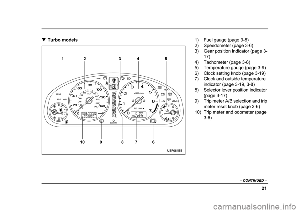 SUBARU BAJA 2006 1.G Owners Manual 21
–
 CONTINUED  –
�TTurbo models
12 4 35
6
7
8
9
10
UBF064BB
1) Fuel gauge (page 3-8) 
2) Speedometer (page 3-6) 
3) Gear position indicator (page 3-
17)
4) Tachometer (page 3-8)
5) Temperature g