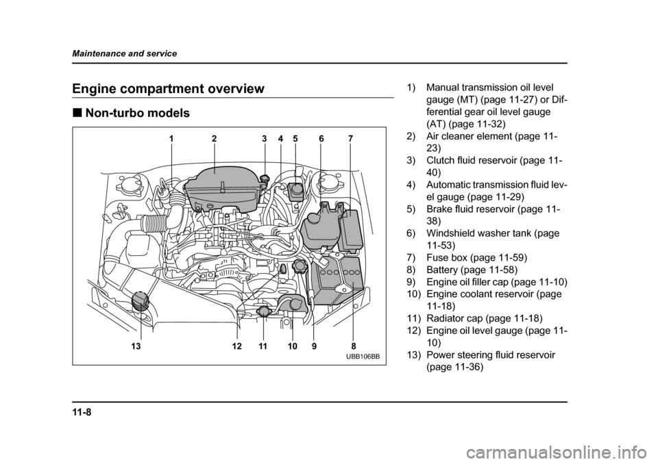 SUBARU BAJA 2006 1.G Owners Guide 11 - 8
Maintenance and service
Engine compartment overviewEngine
Compartment overview
�„ Non-turbo models
12 3 4567
8
9
10
11
12
13
UBB106BB
1) Manual transmission oil level 
gauge (MT) (page 11-27)
