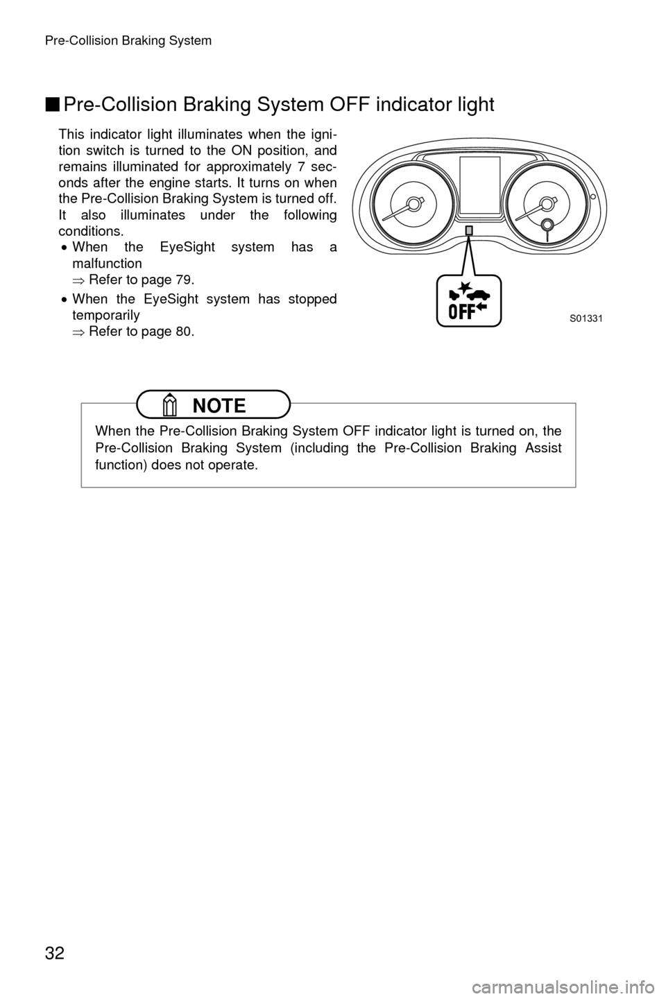 SUBARU CROSSTREK 2016 1.G Driving Assist Manual Pre-Collision Braking System
32
■Pre-Collision Braking System OFF indicator light
This indicator light illuminates when the igni-
tion switch is turned to the ON position, and
remains illuminated fo
